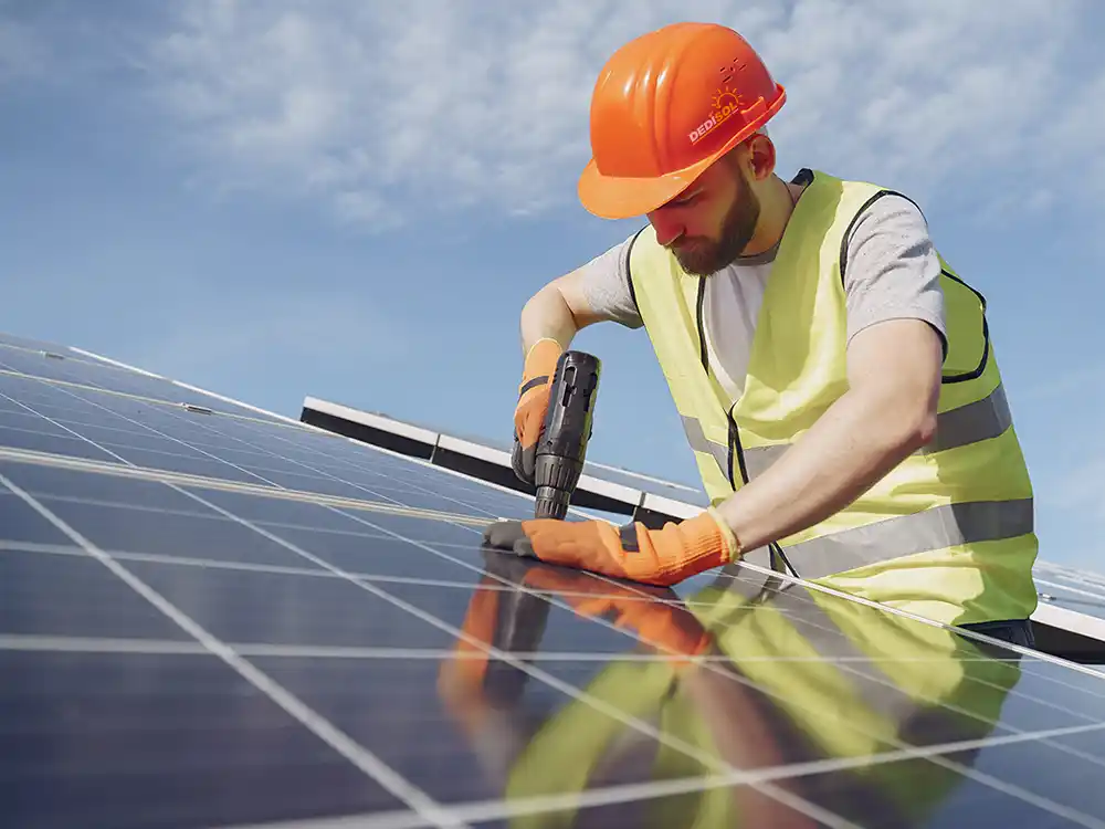 Monteur der DEDISOL GmbH montiert Solarmodule auf einem Dach, trägt Sicherheitsweste und Helm, nachhaltige Energieinstallation