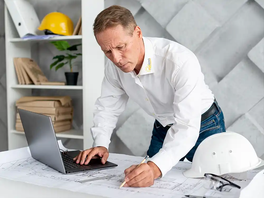 Ingenieur der DEDISOL GmbH arbeitet an Bauplänen für eine Photovoltaikanlage am Laptop, Planungsbüro mit Schutzhelm und Bauunterlagen